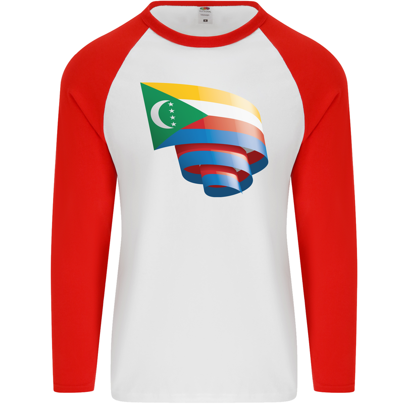 Curled Comoros Flag Comorian Day Football Mens L/S Baseball T-Shirt White/Red