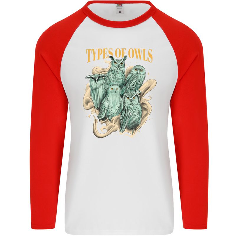 Types of Owls Species Mens L/S Baseball T-Shirt White/Red