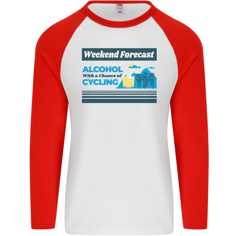 Cycling Weekend Forecast Funny Beer Alcohol Mens L/S Baseball T-Shirt White/Red