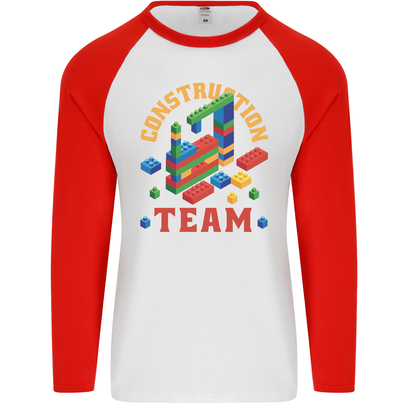 Construction Funny Building Blocks Bricks Mens L/S Baseball T-Shirt White/Red