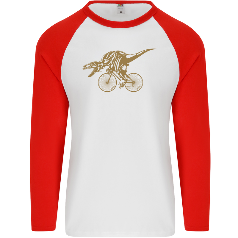 T-Rex Dinosaure Riding a Bicycle Cycling Mens L/S Baseball T-Shirt White/Red