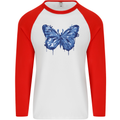 Dripping Blue Butterfly Rhopalocera Mens L/S Baseball T-Shirt White/Red