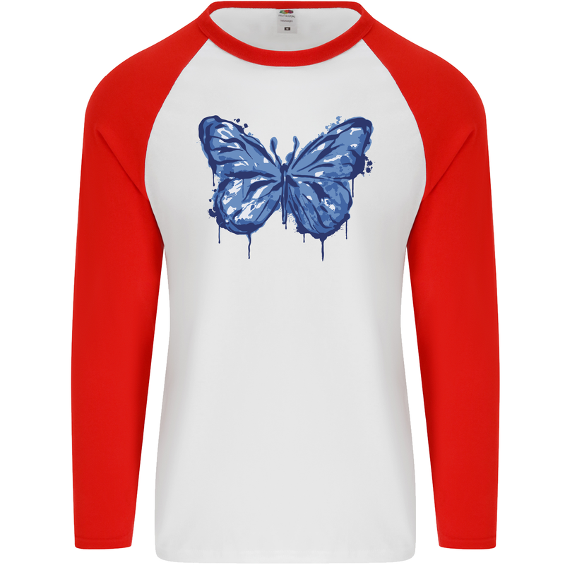 Dripping Blue Butterfly Rhopalocera Mens L/S Baseball T-Shirt White/Red