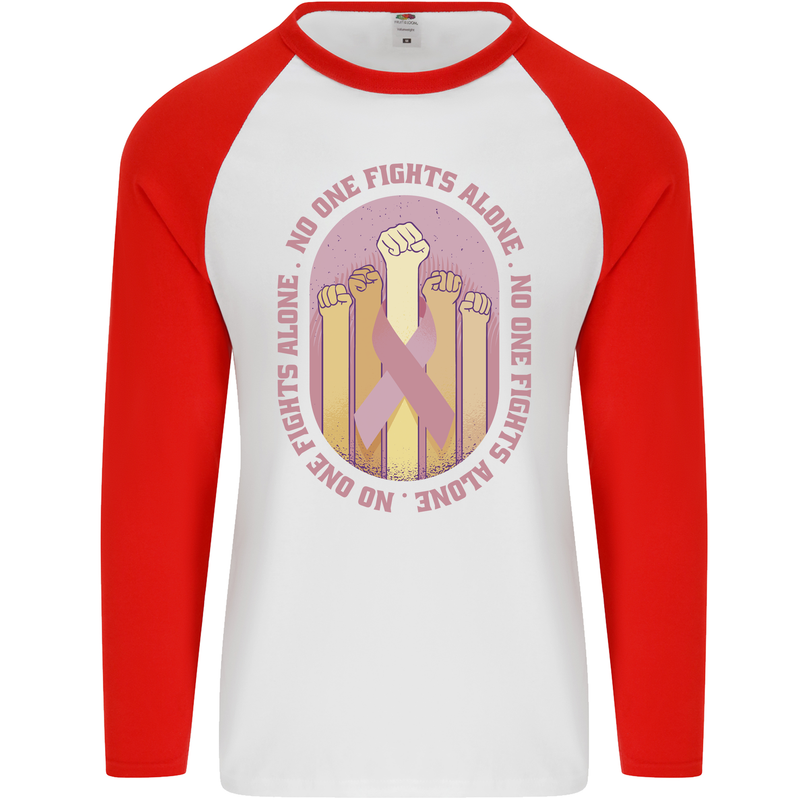 Breast Cancer Awareness Fights Alone Mens L/S Baseball T-Shirt White/Red