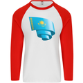 Curled Kazakhstan Flag Kazakh Day Football Mens L/S Baseball T-Shirt White/Red