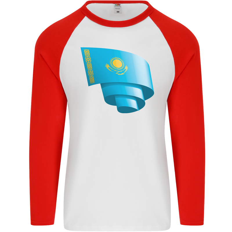 Curled Kazakhstan Flag Kazakh Day Football Mens L/S Baseball T-Shirt White/Red