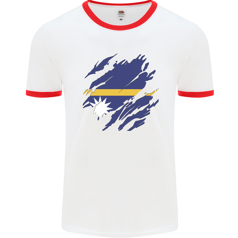 Torn Nauru Flag Nauruan Day Football Mens Ringer T-Shirt White/Red