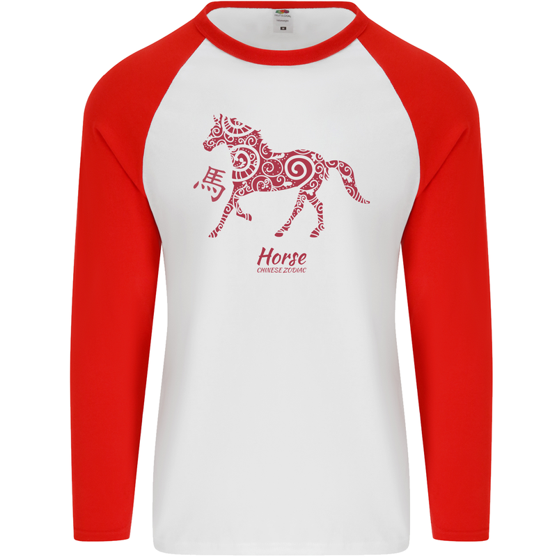 Chinese Zodiac Shengxiao Year of the Horse Mens L/S Baseball T-Shirt White/Red