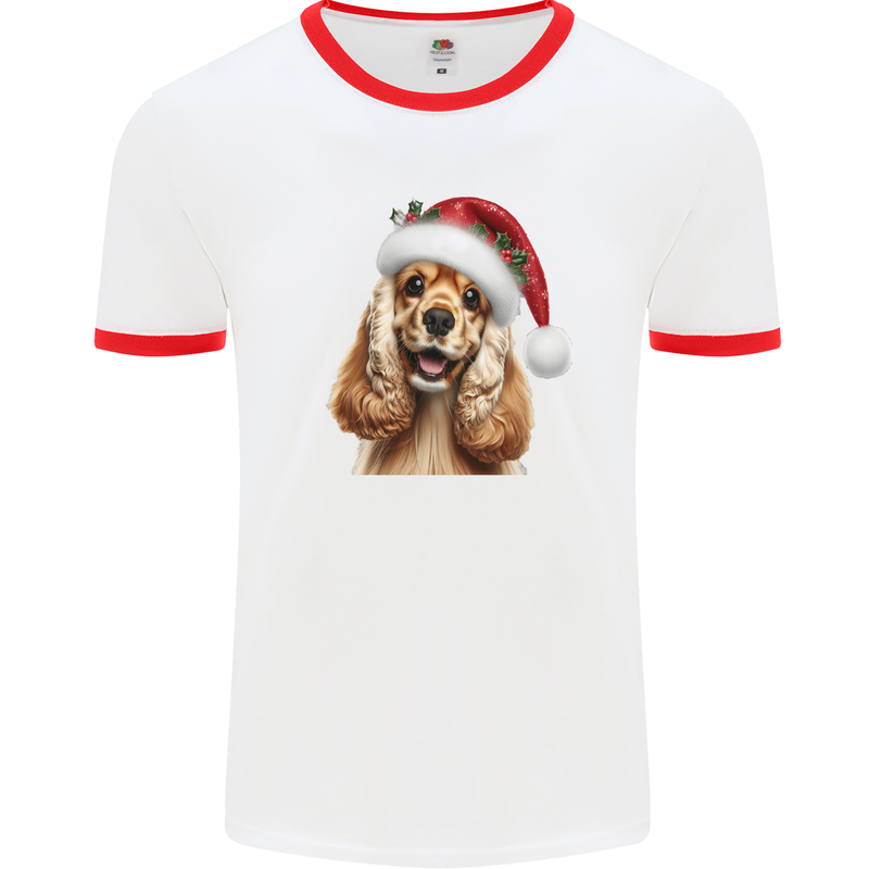 Christmas Cocker Spaniel Xmas Hat Dog Mens Ringer T-Shirt White/Red