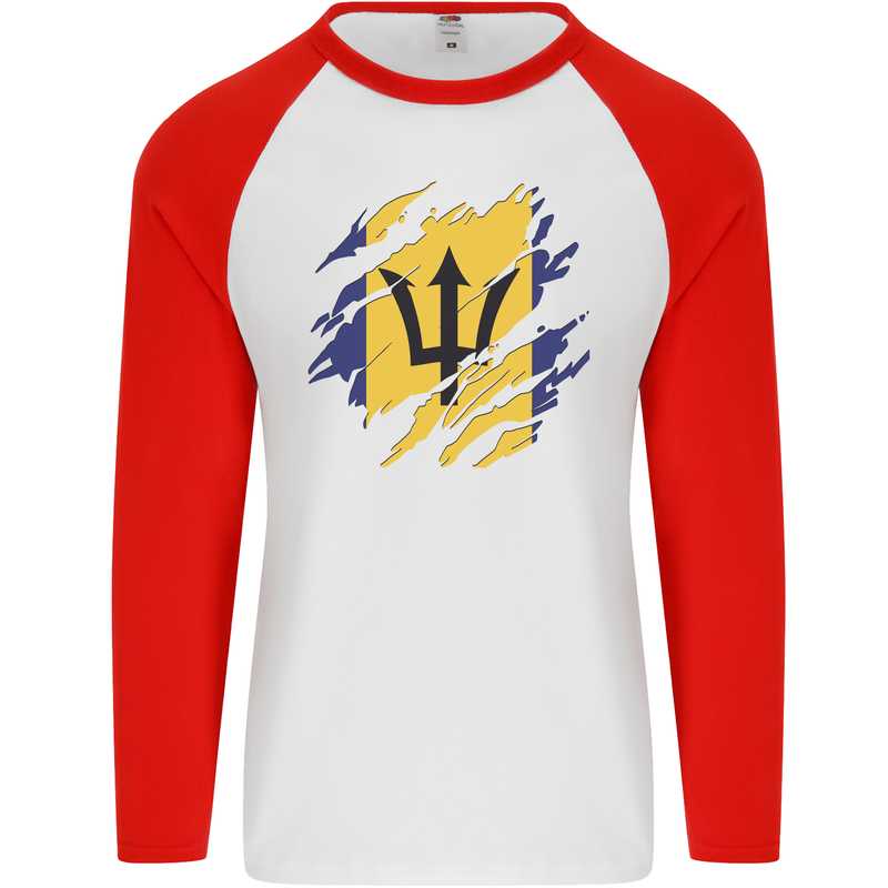 Torn Barbados Flag Barbadians Day Football Mens L/S Baseball T-Shirt White/Red