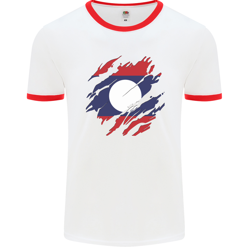 Torn Laos Flag Laotian Day Football Mens Ringer T-Shirt White/Red