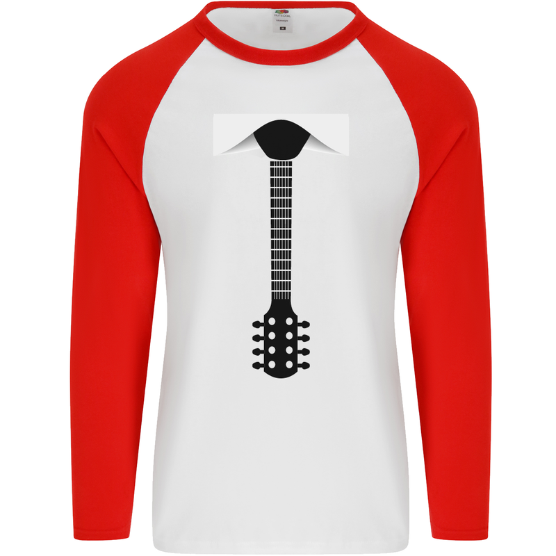 Guitar Tie Guitarist Bass Acoustic Funny Mens L/S Baseball T-Shirt White/Red