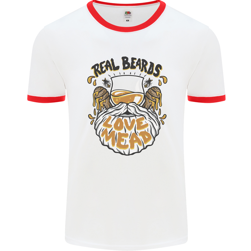 Real Beards Love Mead Funny Beer Alcohol Mens Ringer T-Shirt White/Red