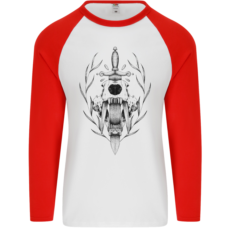 Sabre Tooth Tiger Skull Sword Mens L/S Baseball T-Shirt White/Red