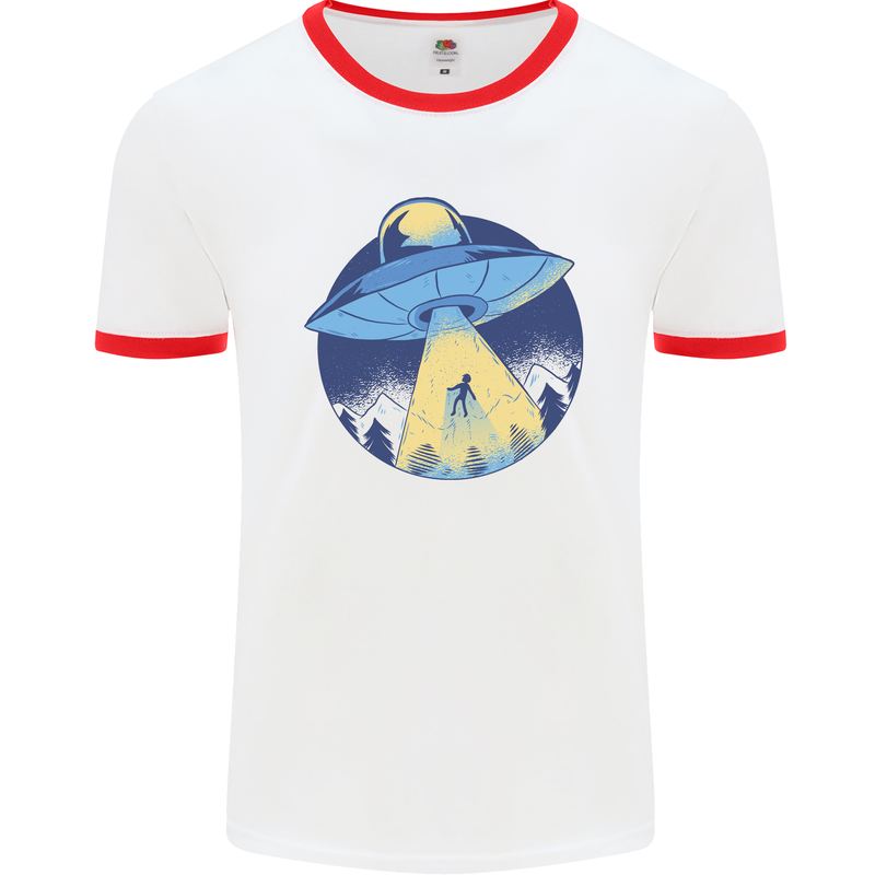 Funny Alien Abduction UFO Mens Ringer T-Shirt White/Red