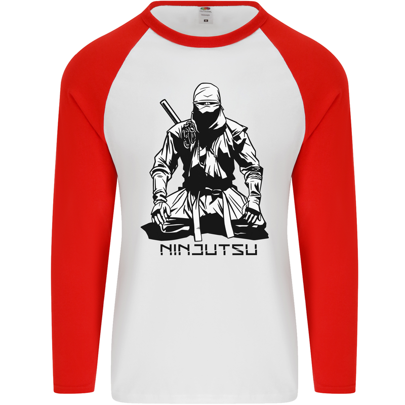 Ninjitsu A Ninja MMA Mixed Martial Arts Mens L/S Baseball T-Shirt White/Red