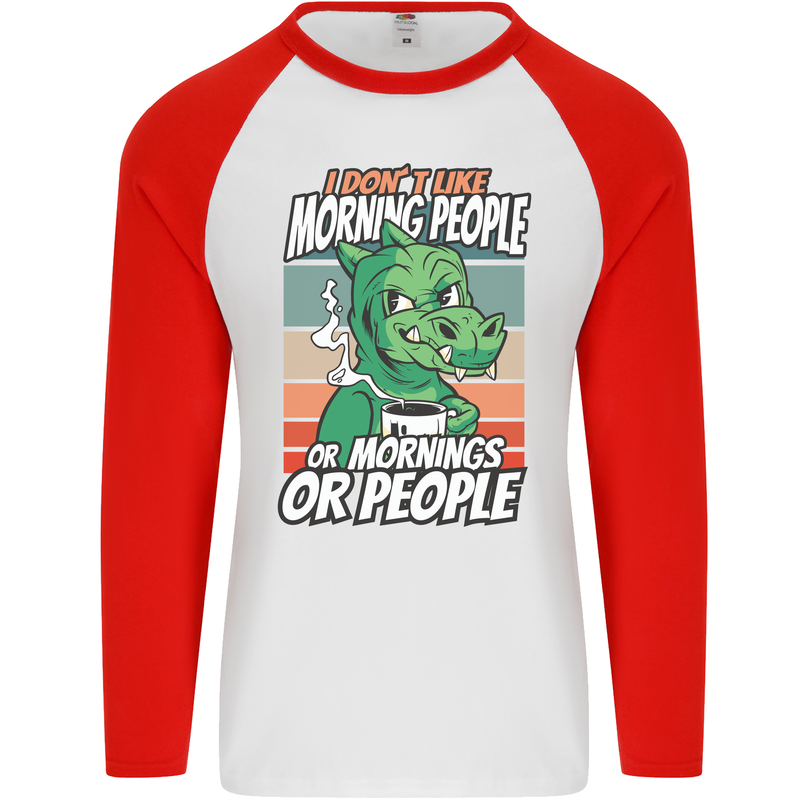 Dinosaur I Don't Like Morning People Funny Mens L/S Baseball T-Shirt White/Red