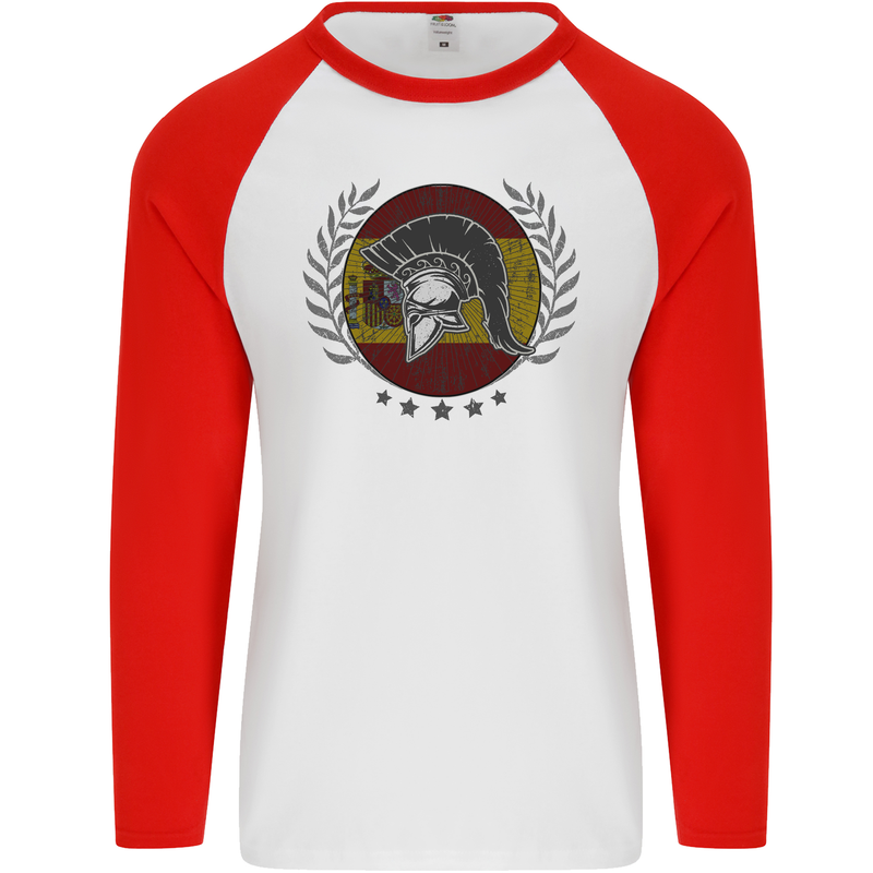 Spain Bodybuilding Flag Gym Training Spanish Mens L/S Baseball T-Shirt White/Red