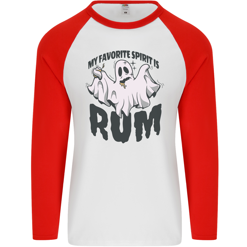 Funny Halloween Alcohol Rum Spirit Ghost Mens L/S Baseball T-Shirt White/Red