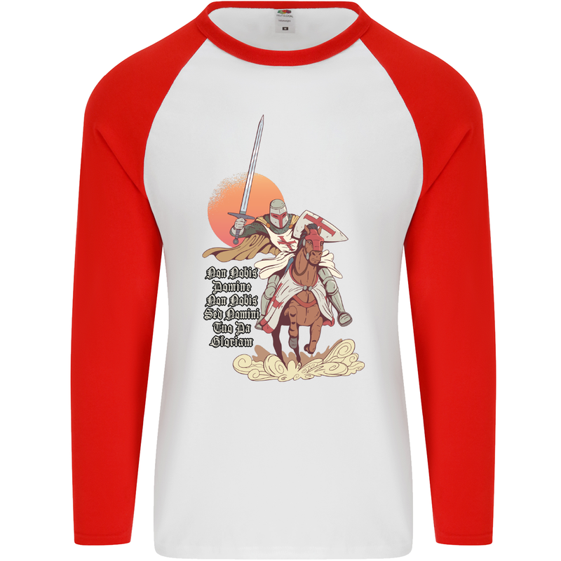 Knights Templar on a Horse Mens L/S Baseball T-Shirt White/Red