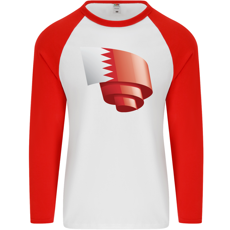 Curled Bahrain Flag Bahraini Day Football Mens L/S Baseball T-Shirt White/Red
