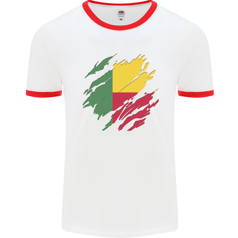 Torn Benin Flag Beninese Day Football Mens Ringer T-Shirt White/Red