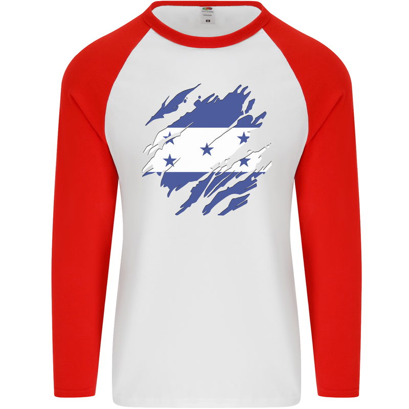 Torn Honduras Flag Honduran Day Football Mens L/S Baseball T-Shirt White/Red