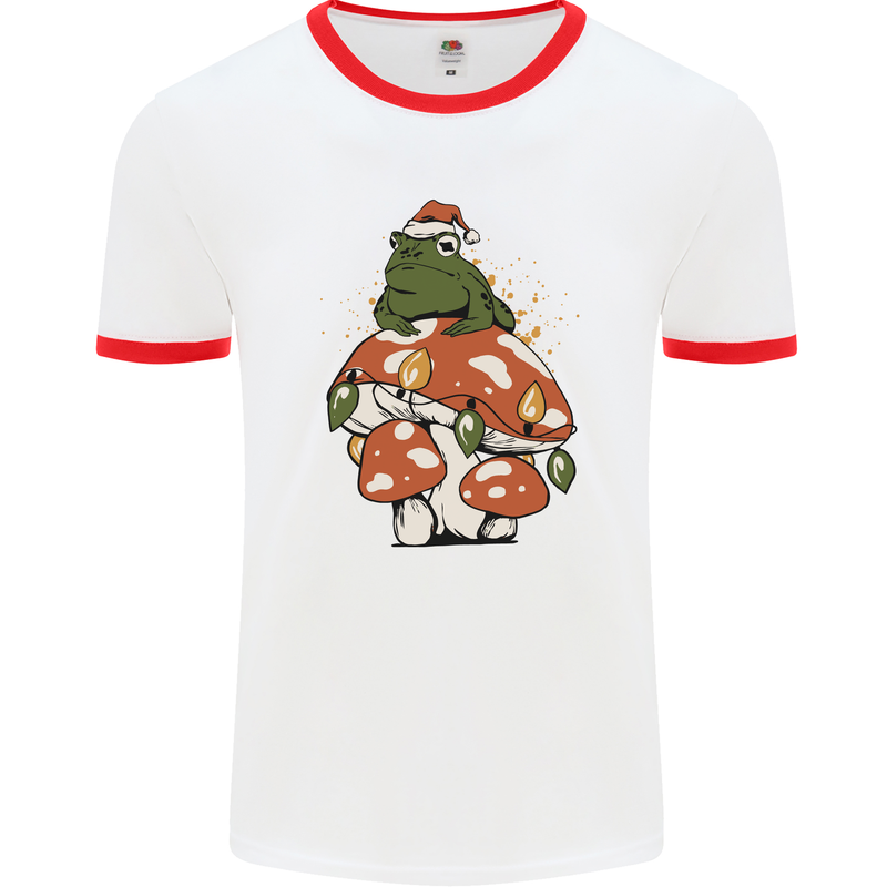 Christmas Frog Mushroom Xmas Mycology Foraging Mens Ringer T-Shirt White/Red