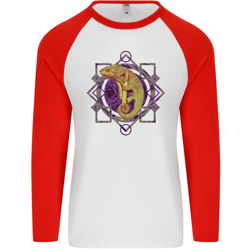 A Geometric Chameleon Mens L/S Baseball T-Shirt White/Red