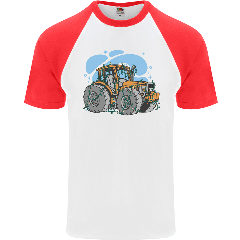 Christmas Tractor Farming Farmer Xmas Mens S/S Baseball T-Shirt White/Red