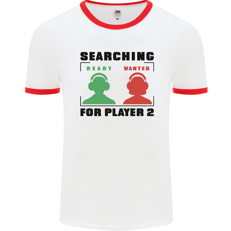 Player Two Wanted Funny Singles Day Gamer Mens Ringer T-Shirt White/Red