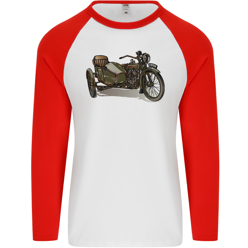 Motorcycle and Sidecar Biker Motorbike Mens L/S Baseball T-Shirt White/Red