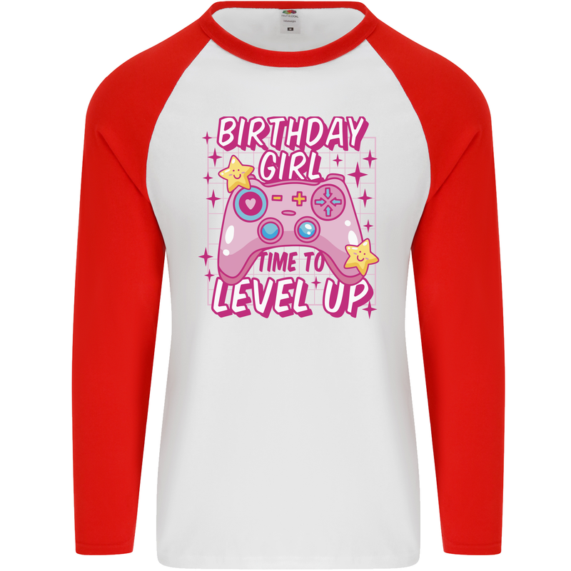 Birthday Girl Level Up Gaming Gamer 6th 7th 8th Mens L/S Baseball T-Shirt White/Red