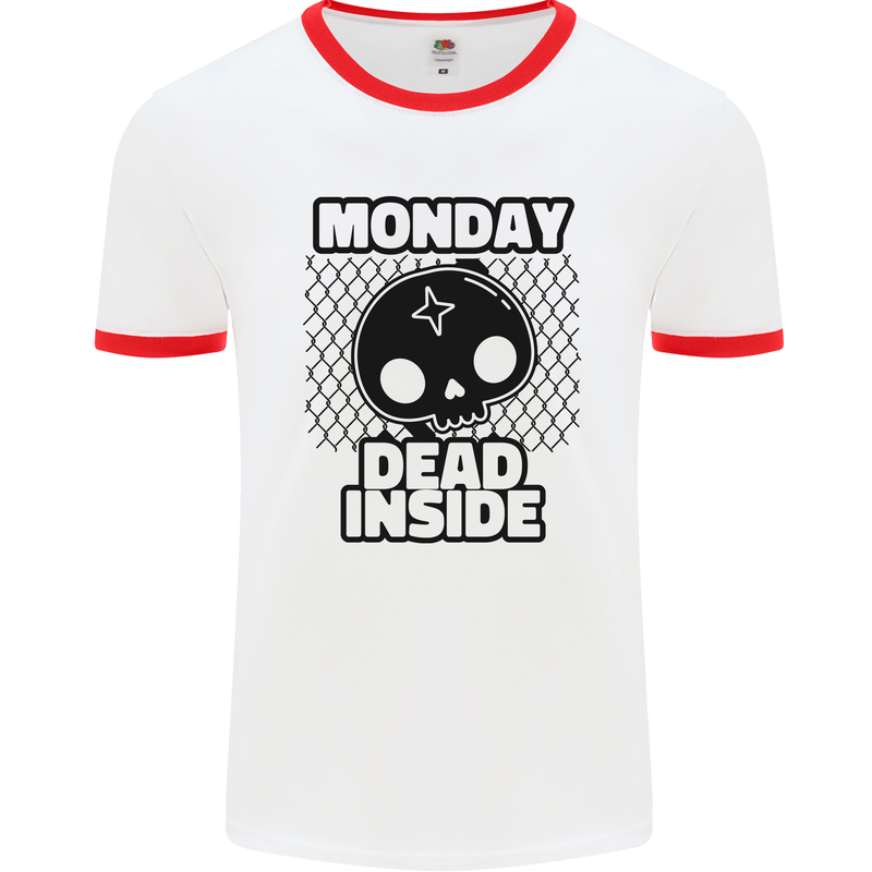 Monday Dead Inside Skull Work Mens Ringer T-Shirt White/Red