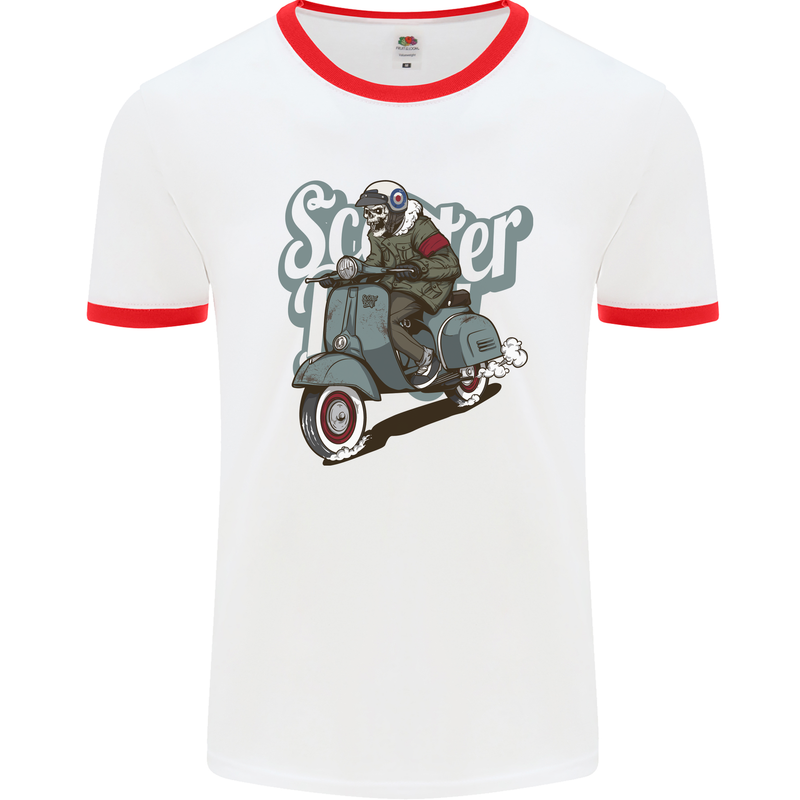 Scooter Skull Motorcycle MOD Biker Mens Ringer T-Shirt White/Red