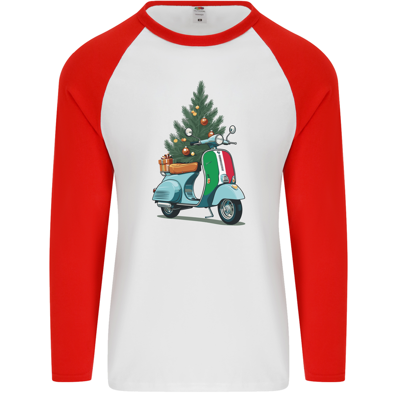 Christmas Scooter Xmas MOD Moped Mens L/S Baseball T-Shirt White/Red