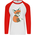 A Cute Tribal Fox Mens L/S Baseball T-Shirt White/Red