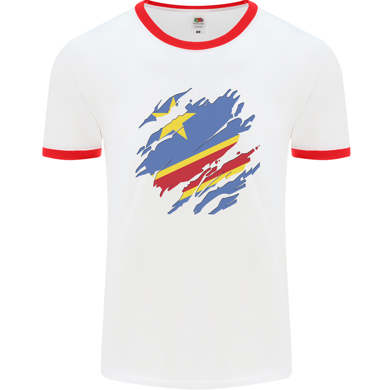 Torn DR Congo Flag Congolese Day Football Mens Ringer T-Shirt White/Red