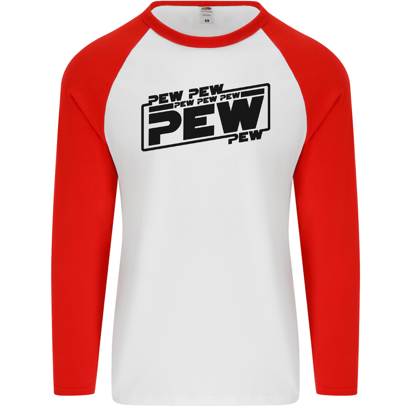 Pew Pew Pew Funny SCI-FI Movie Lightsaber Mens L/S Baseball T-Shirt White/Red