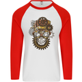 Steampunk Skull Mens L/S Baseball T-Shirt White/Red