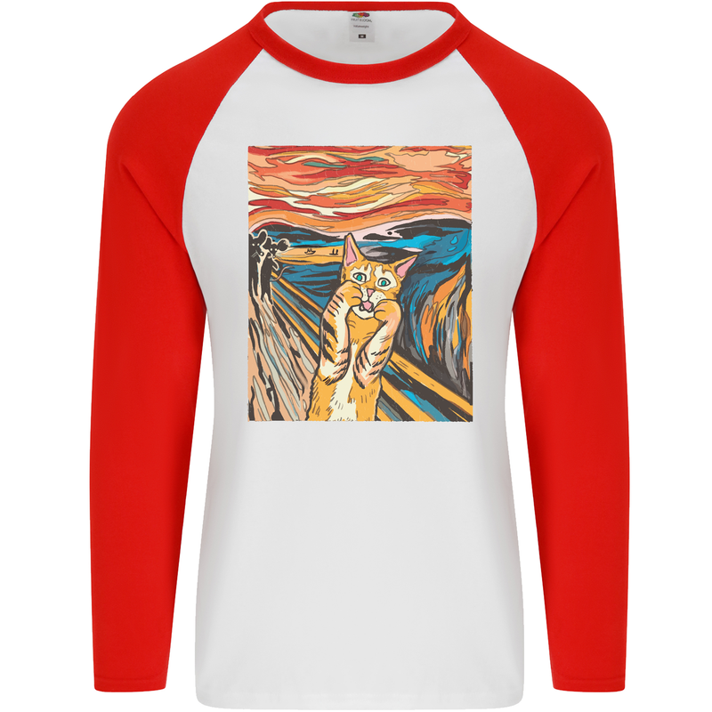 Cat Scream Painting Parody Mens L/S Baseball T-Shirt White/Red