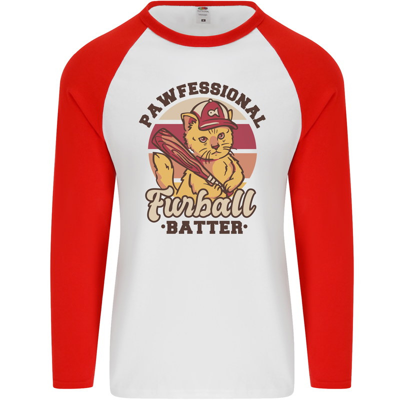 Furball Batter Funny Cat Baseball Humour Mens L/S Baseball T-Shirt White/Red