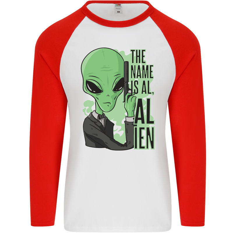 The Name is Al Alien Funny Movie Parody Mens L/S Baseball T-Shirt White/Red