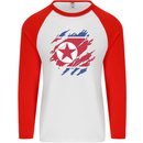 Torn North Korea Flag Korean Day Football Mens L/S Baseball T-Shirt White/Red