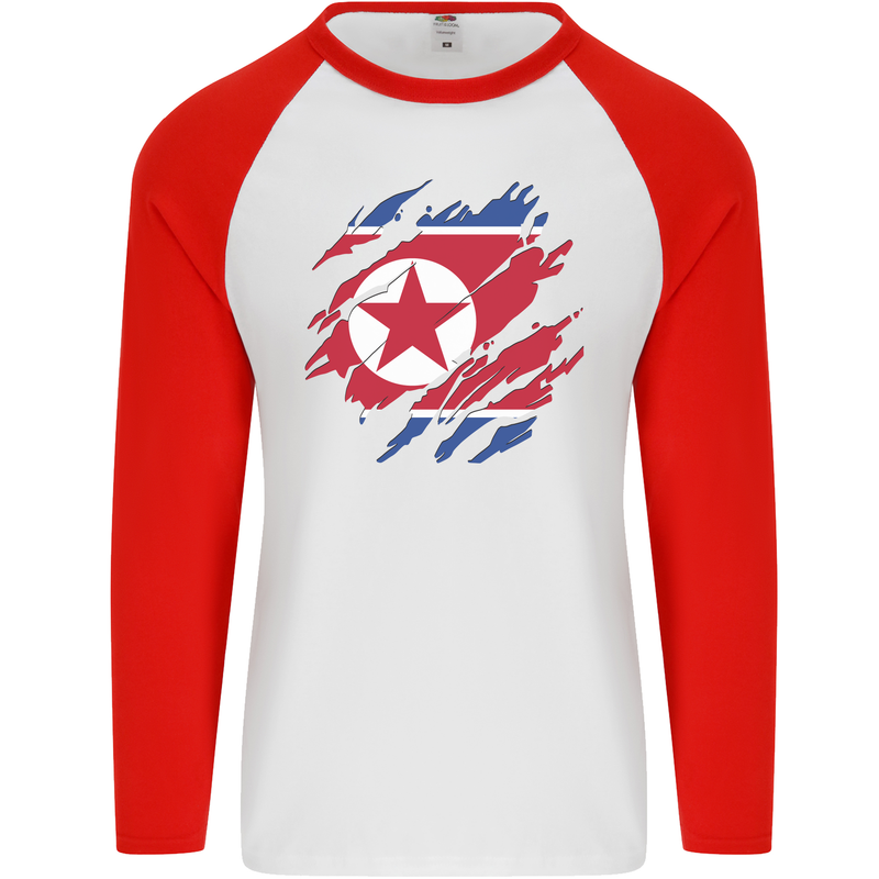 Torn North Korea Flag Korean Day Football Mens L/S Baseball T-Shirt White/Red