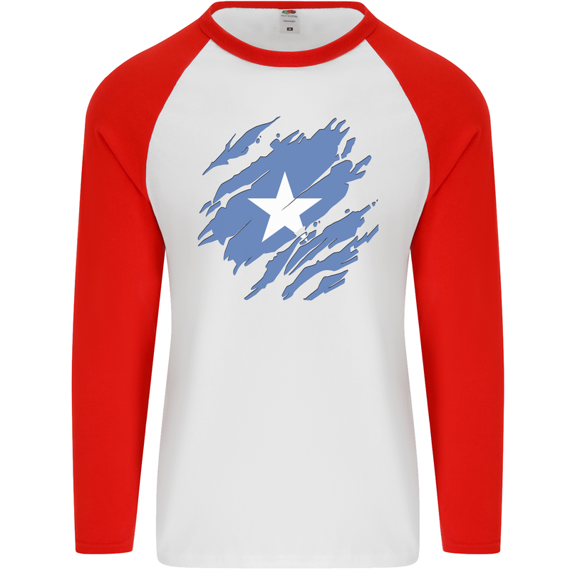 Torn Somalia Flag Somalian Day Football Mens L/S Baseball T-Shirt White/Red