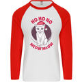 HO HO HO Funny Christmas Cat Xmas Meow Mens L/S Baseball T-Shirt White/Red