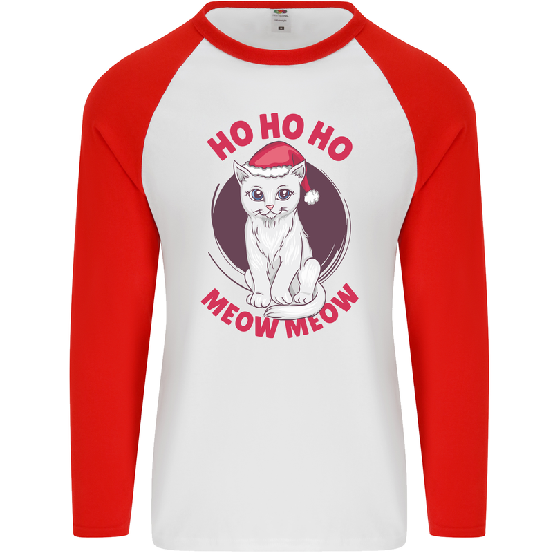 HO HO HO Funny Christmas Cat Xmas Meow Mens L/S Baseball T-Shirt White/Red