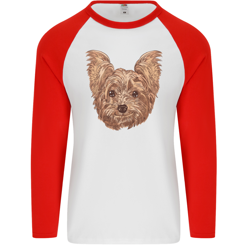 Dogs Smiling Yorkshire Terrier Mens L/S Baseball T-Shirt White/Red