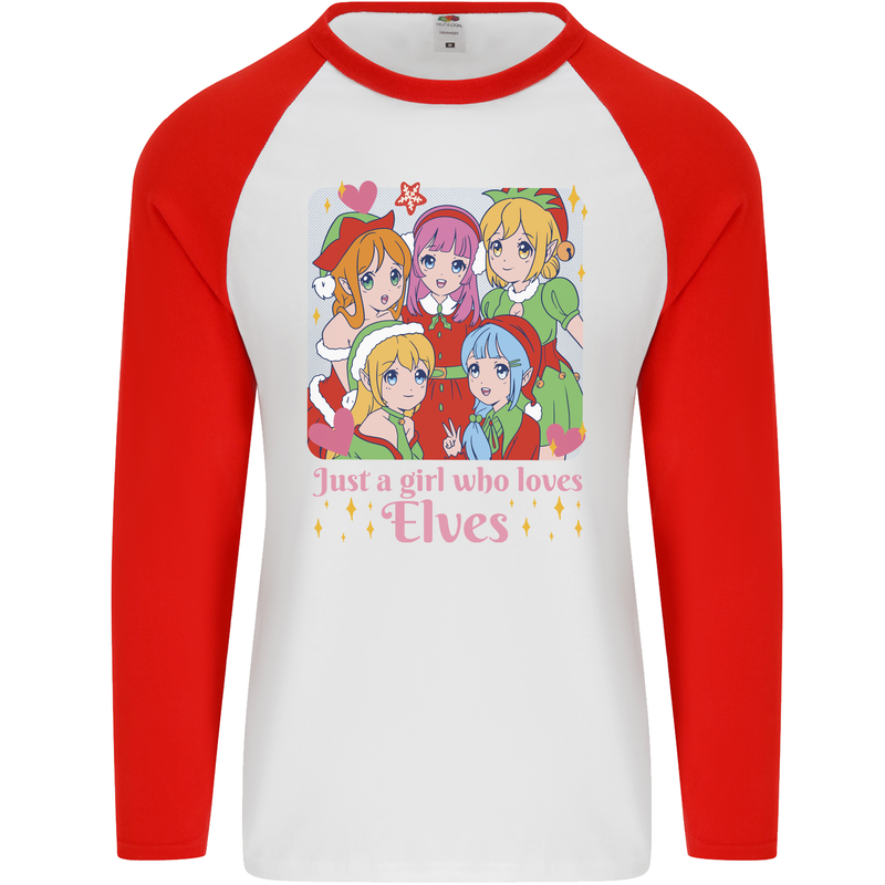 Anime A Girl Who Loves Elves Christmas Xmas Mens L/S Baseball T-Shirt White/Red